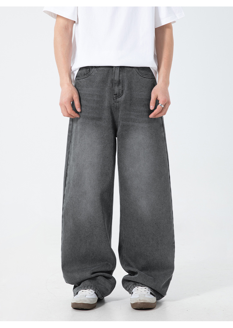グレー パンツ 男性用 春夏新作 古着風洗い加工 グレー ワイドデニムパンツ 街系普段着