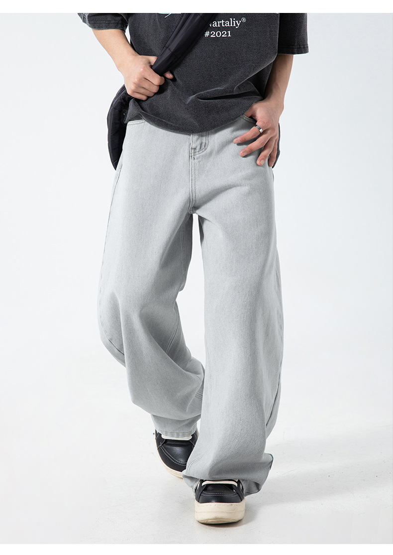 グレー パンツ 男性用 春夏新作 古着風洗い加工 グレー ワイドデニムパンツ 街系普段着