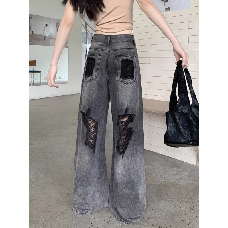 グレー パンツ ダメージ加工ワイドパンツ