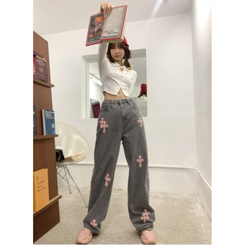グレー パンツ 十字架モチーフストレートデニム