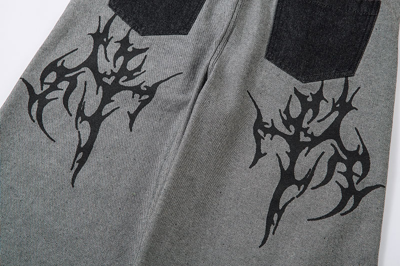 グレー パンツ グレー ワイドパンツ 刺繍柄 男女兼用 ストリート系 春秋 新作