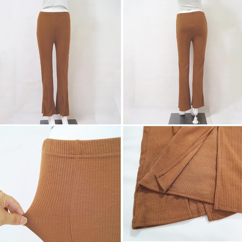 グレー パンツ グレー フレア リブパンツ スリット入り 美脚