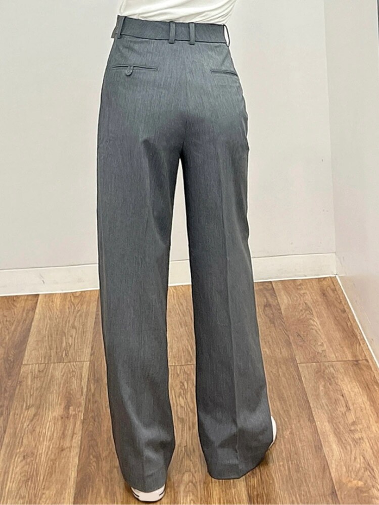 グレー パンツ センタープレス入りハイウエストワイドスラックス