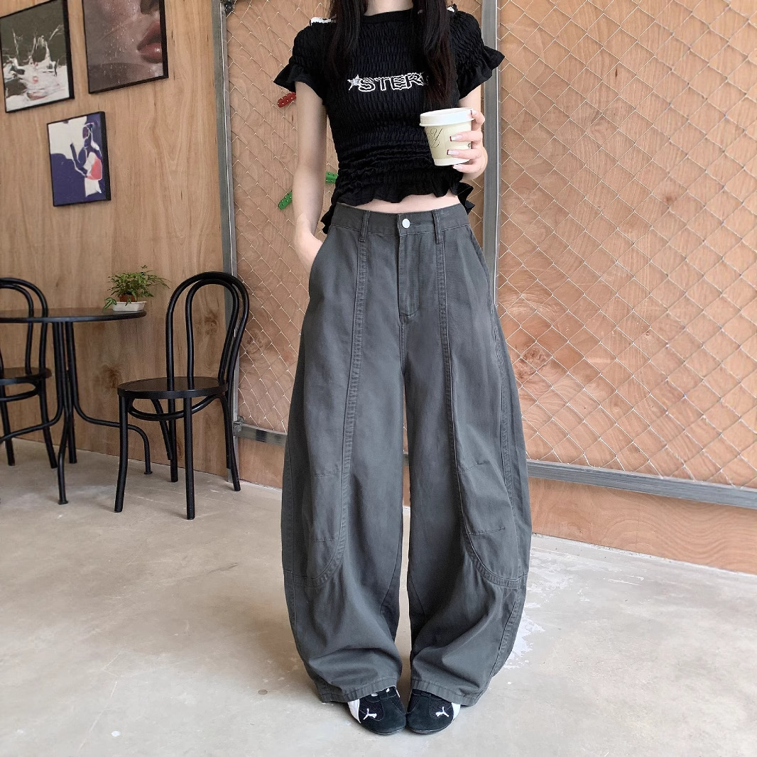 グレー パンツ ゆったりワーク風デザインパンツ