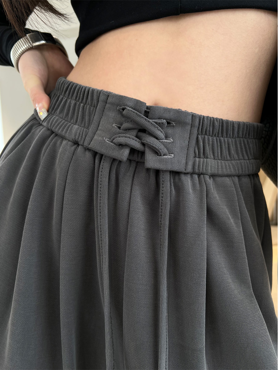 グレー パンツ 編み上げウエスト ワイドパンツ