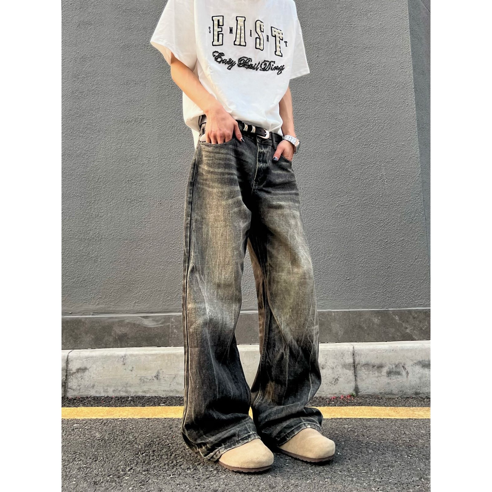 グレー パンツ ヴィンテージ風ワイドパンツ