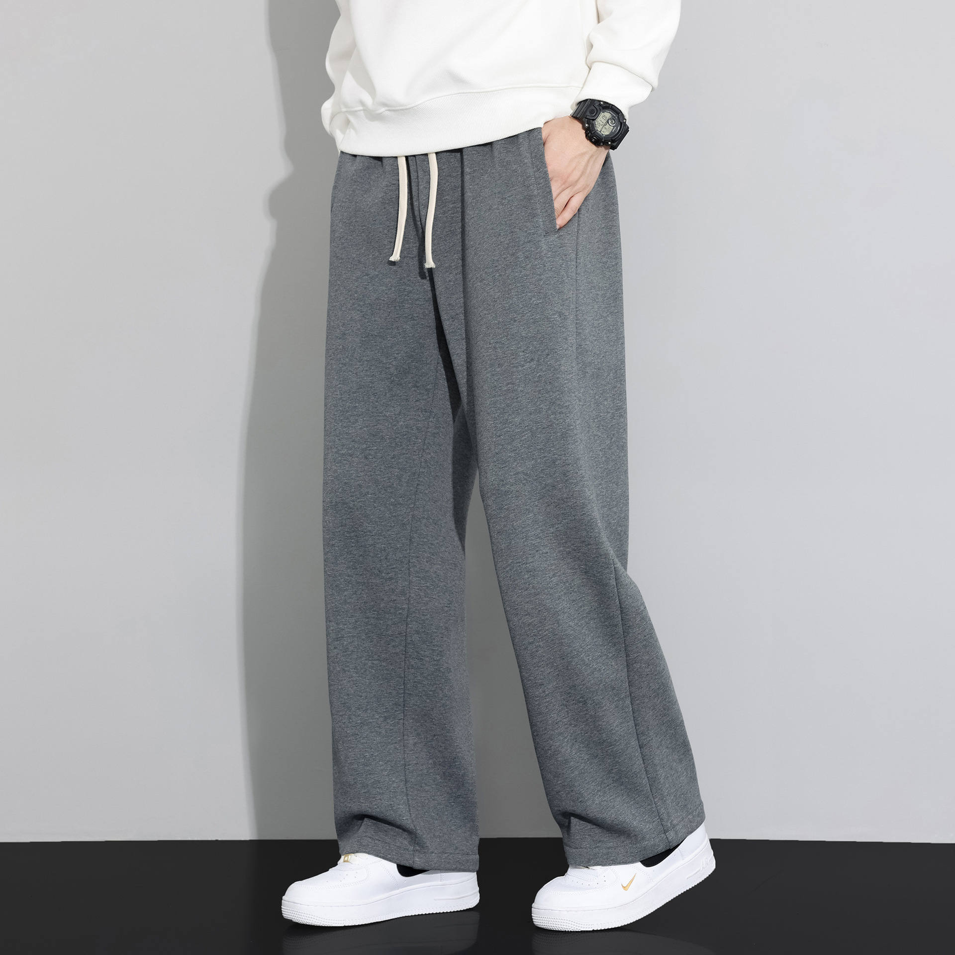 グレー パンツ ゆったりワイドシルエット裏起毛スウェットパンツ