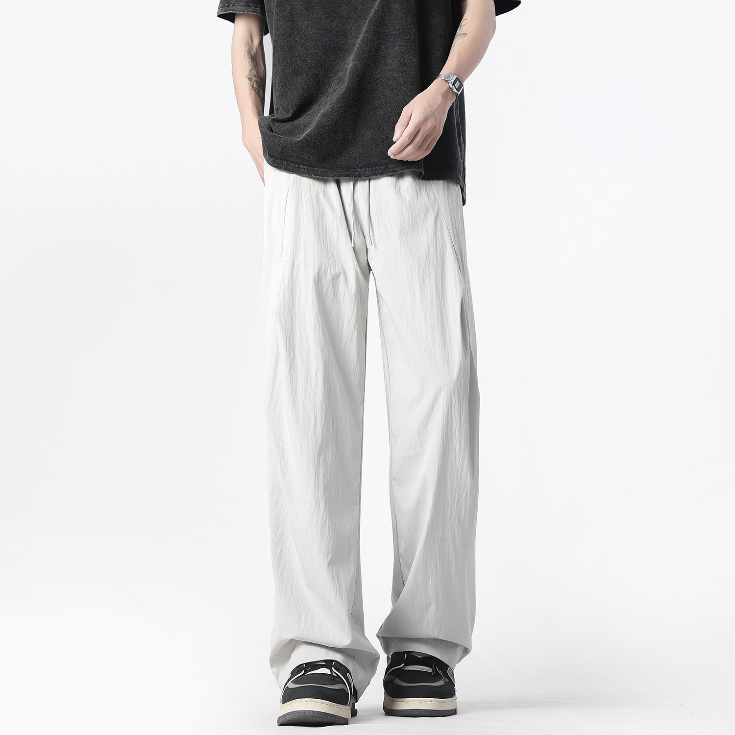 グレー パンツ しなやか風合いドレープワイドパンツ