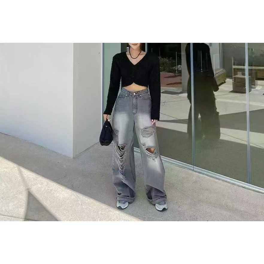グレー パンツ ダメージ加工ワイドデニム