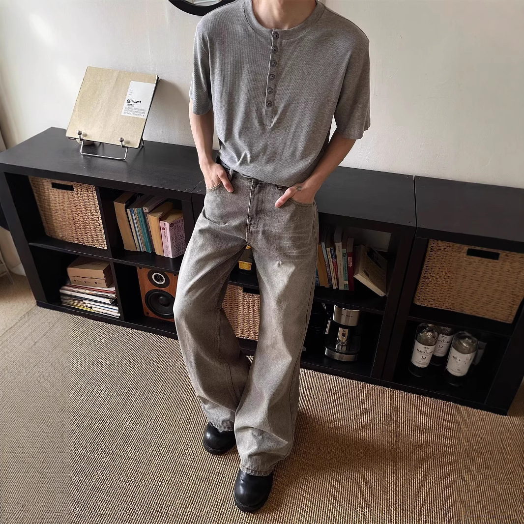 グレー パンツ ヴィンテージ風ワイドデニム