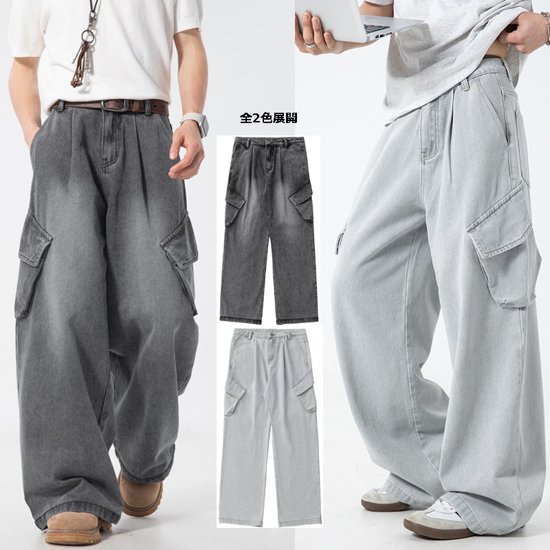 グレー パンツ 男性用 春夏 古着風 作業着デニム サイド立体ポケット付 全2色