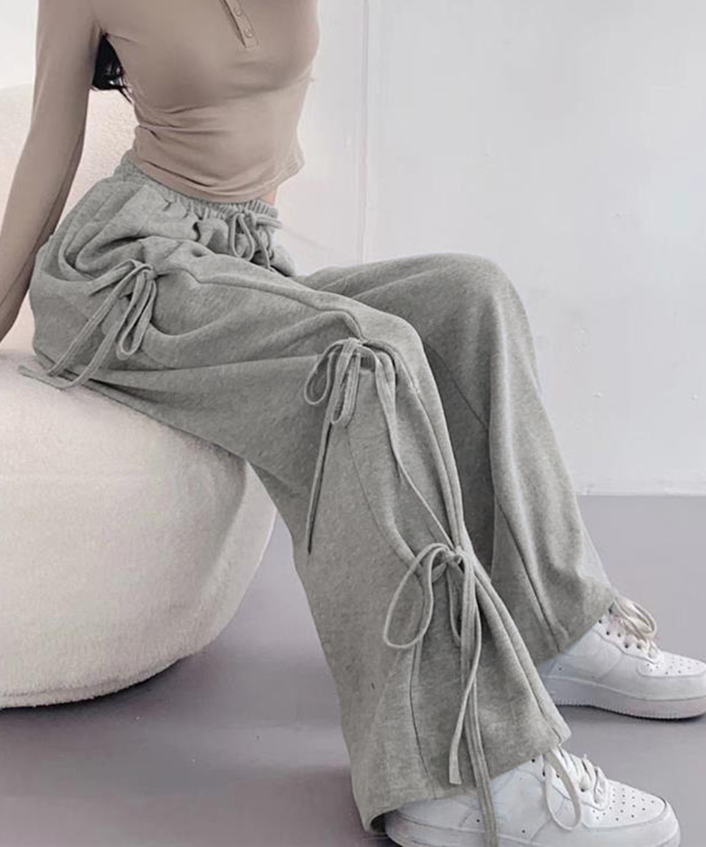 グレー パンツ グレーサイドリボンワイドスウェットパンツ