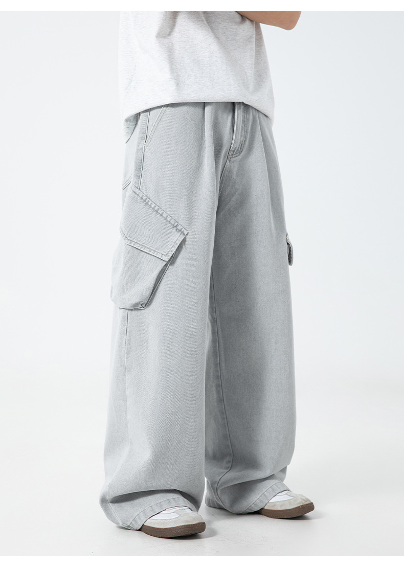 グレー パンツ 男性用 春夏 古着風 作業着デニム サイド立体ポケット付 全2色