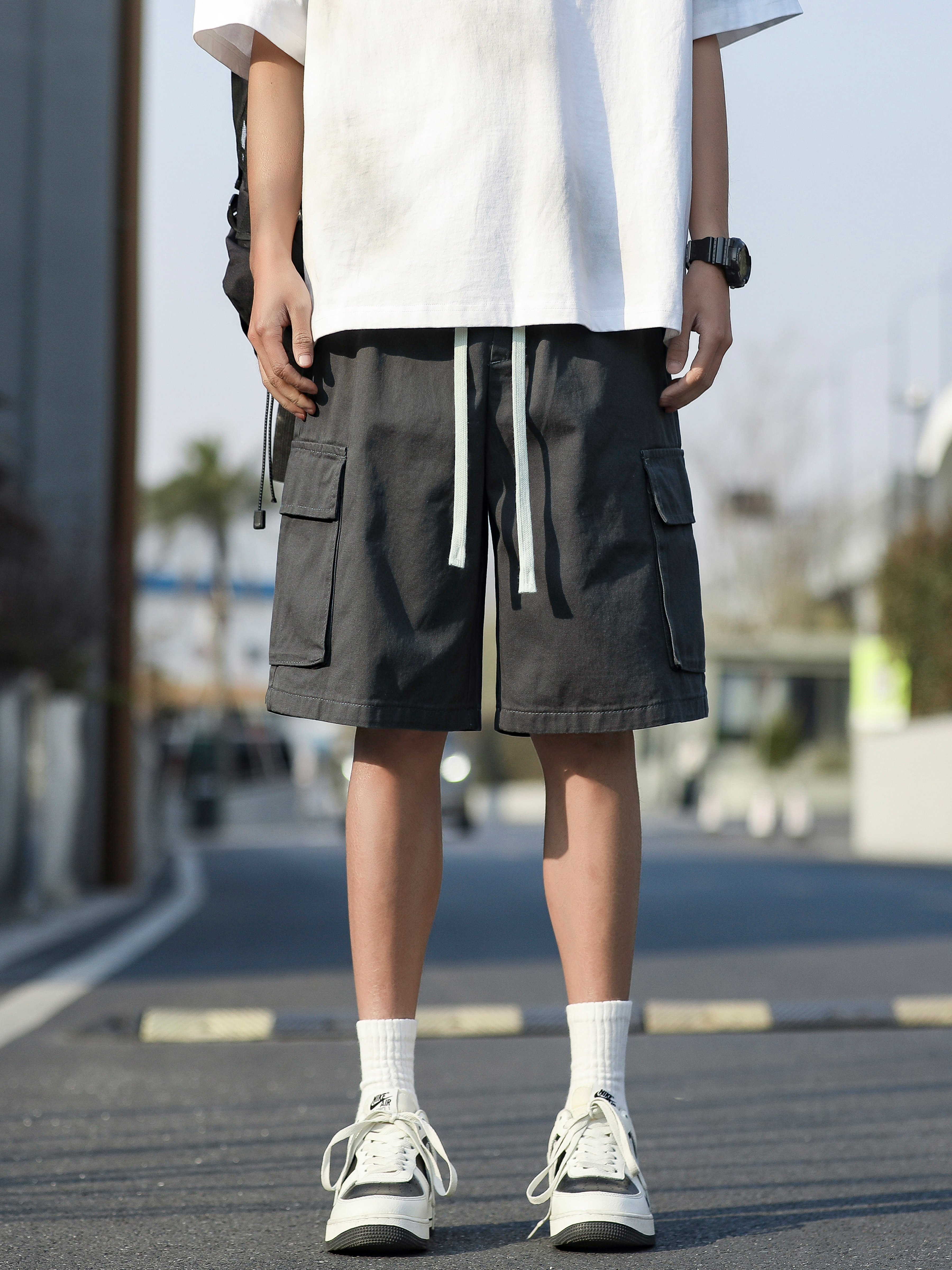 グレー パンツ ゆったりシルエット ハーフカーゴパンツ