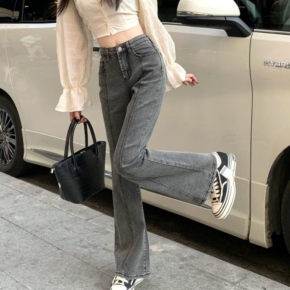 グレー パンツ 美脚フレアデニムパンツ