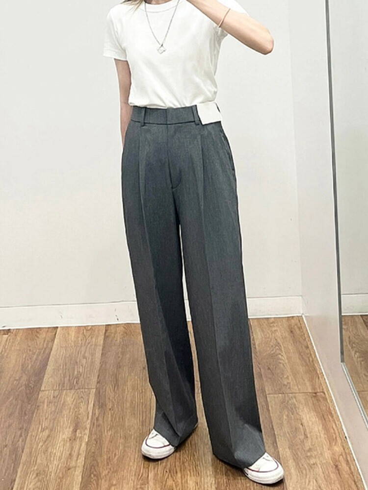 グレー パンツ センタープレス入りハイウエストワイドスラックス