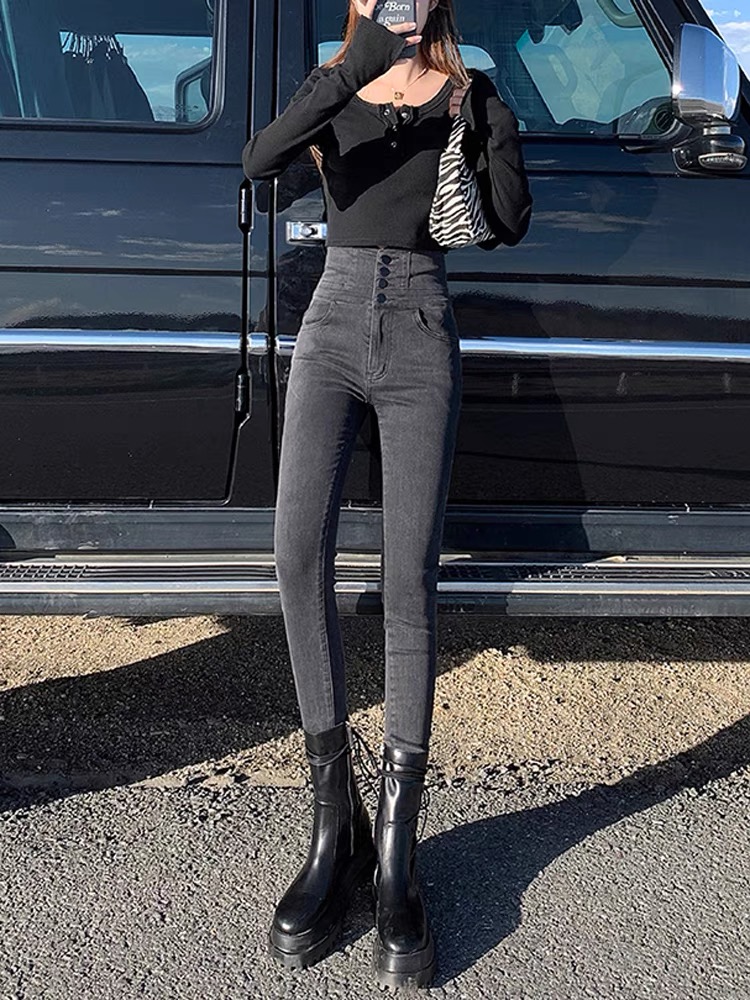 グレー パンツ ハイウエスト美脚シルエットパンツ