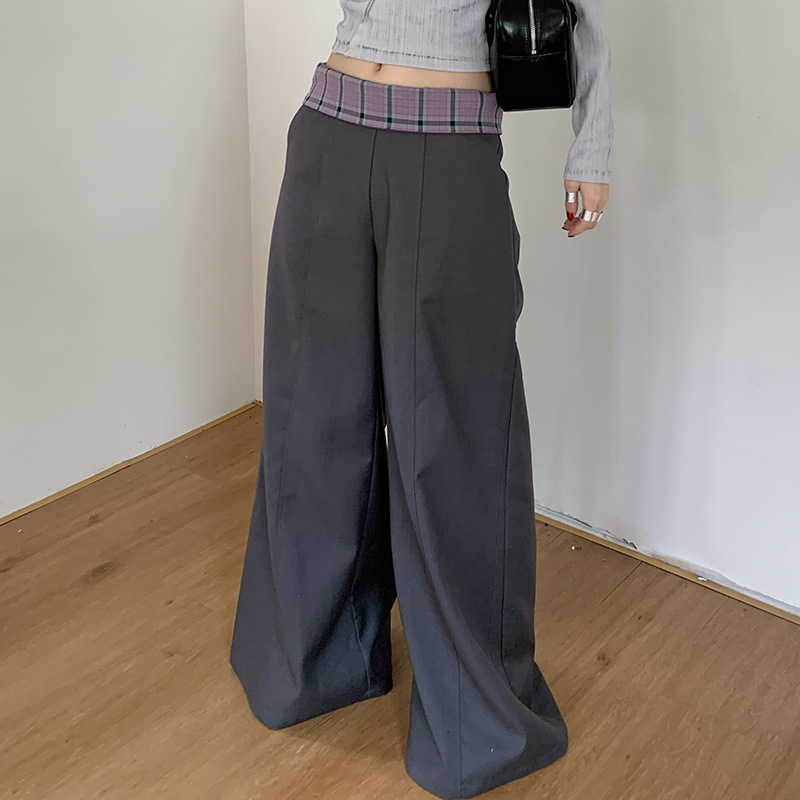 グレー パンツ チェックウエスト フレアワイドパンツ