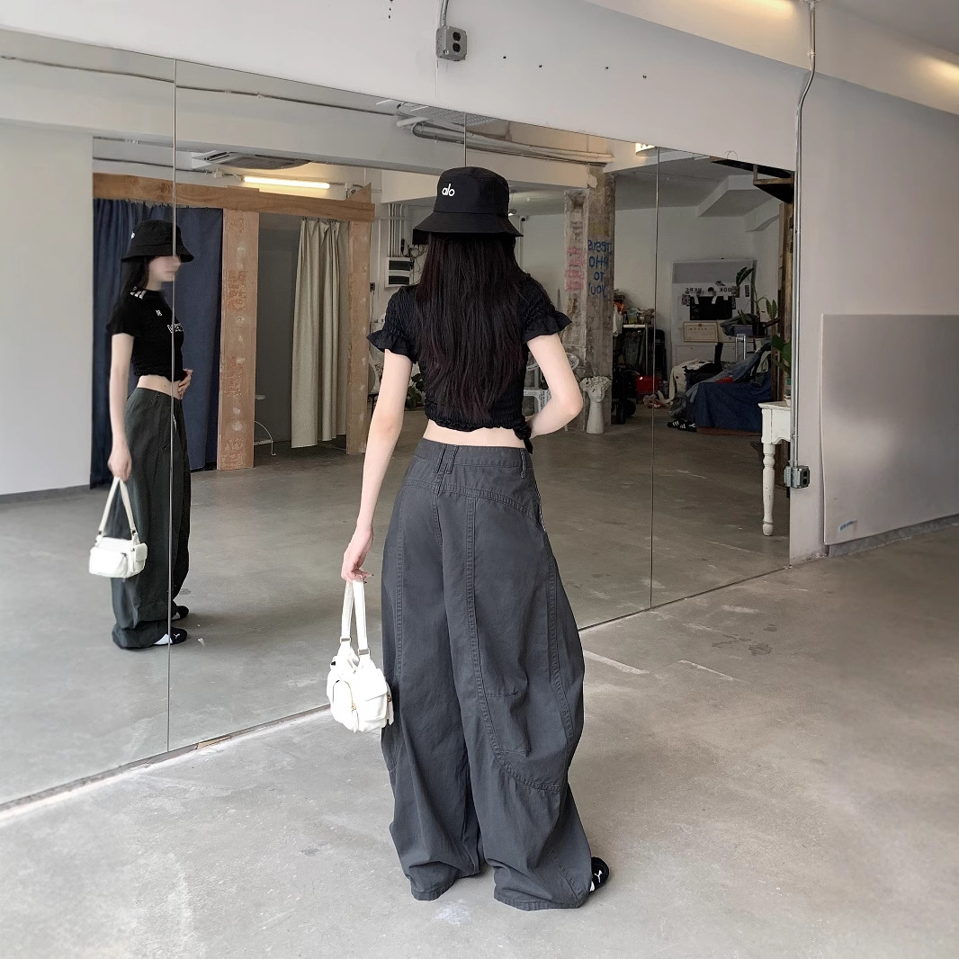 グレー パンツ ゆったりワーク風デザインパンツ