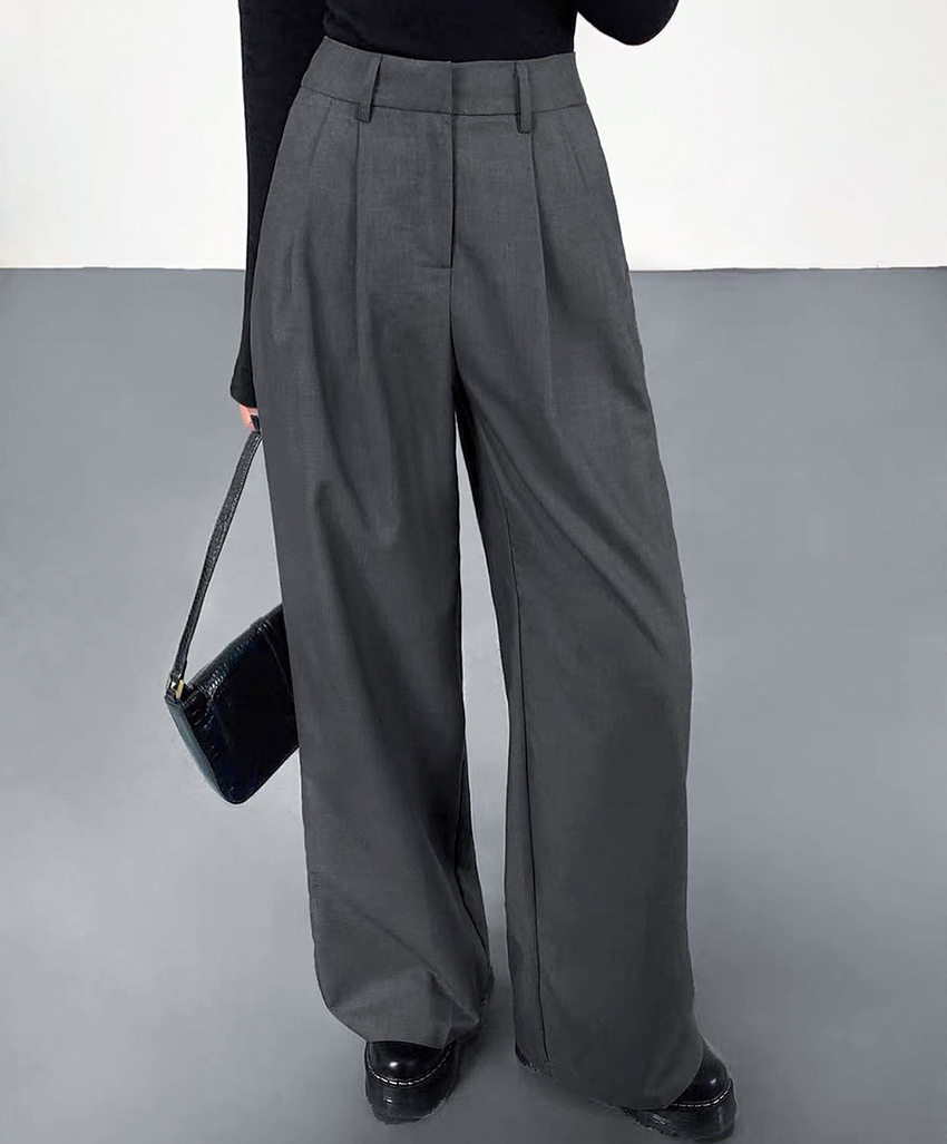 グレー パンツ センタープレス入りハイウエストワイドスラックス