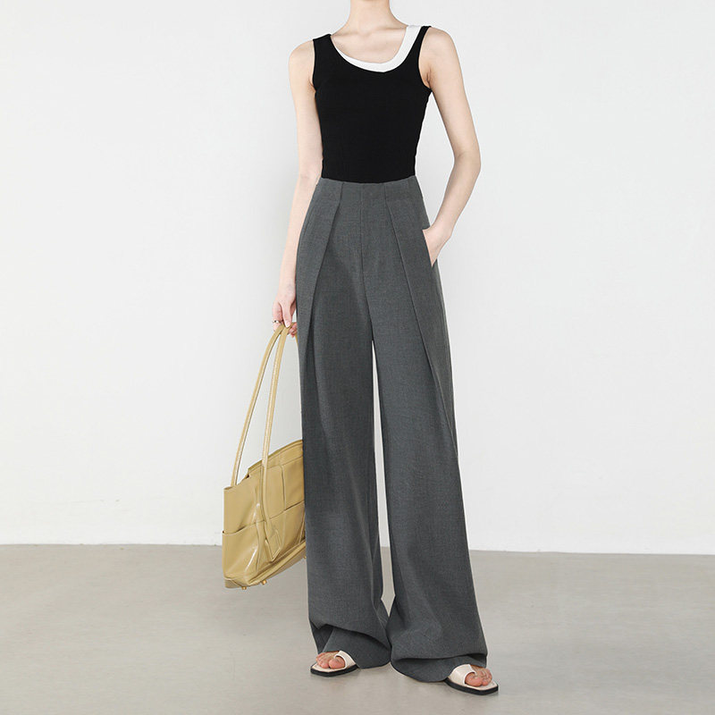 グレー パンツ センタープレス入りハイウエストワイドスラックス