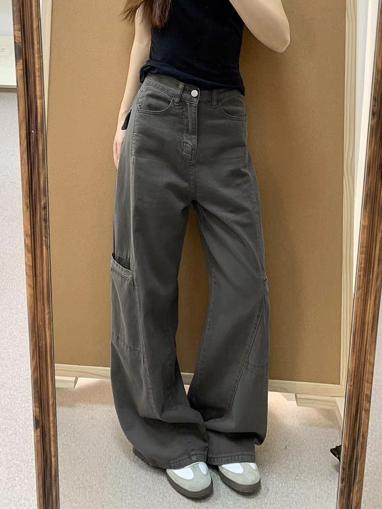 グレー パンツ ワイドシルエット 実用的ポケット付きパンツ