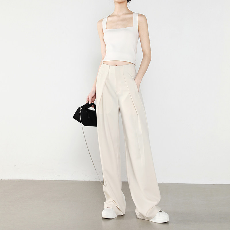 グレー パンツ センタープレス入りハイウエストワイドスラックス