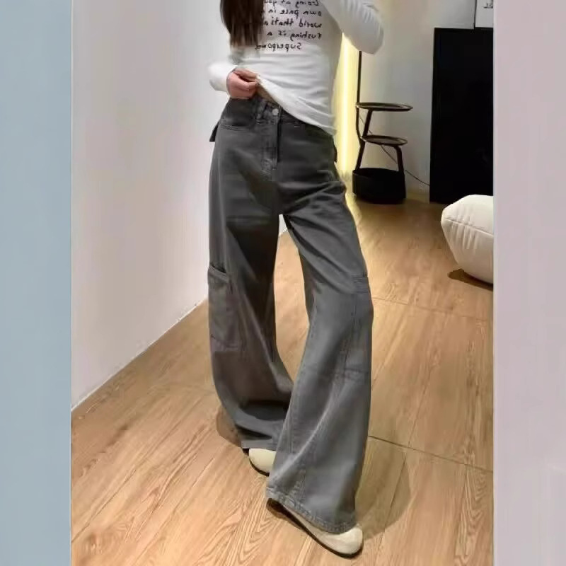 グレー パンツ ワイドシルエット実用ポケットパンツ