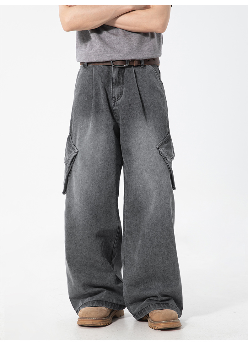 グレー パンツ 男性用 春夏 古着風 作業着デニム サイド立体ポケット付 全2色