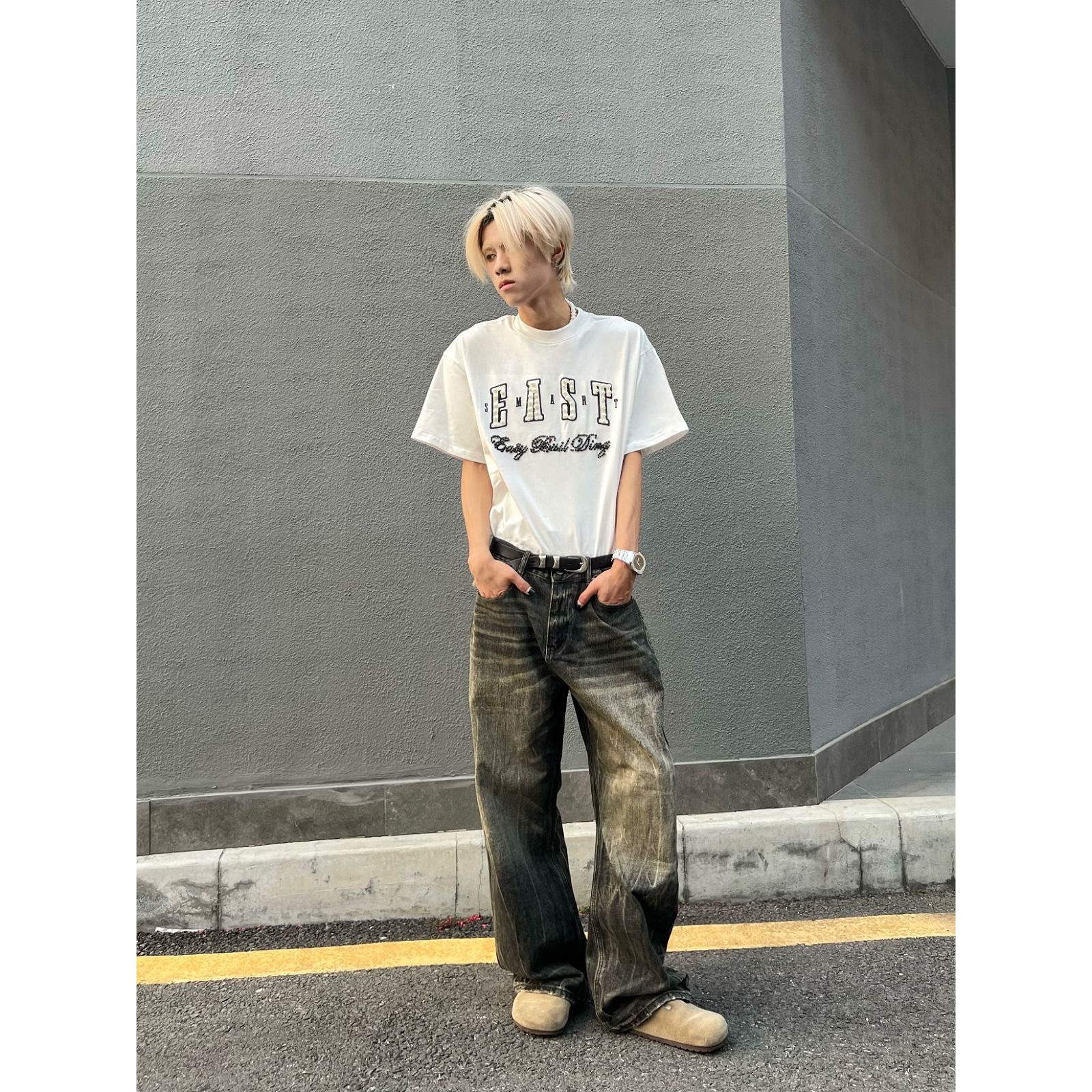 グレー パンツ ヴィンテージ風ワイドパンツ