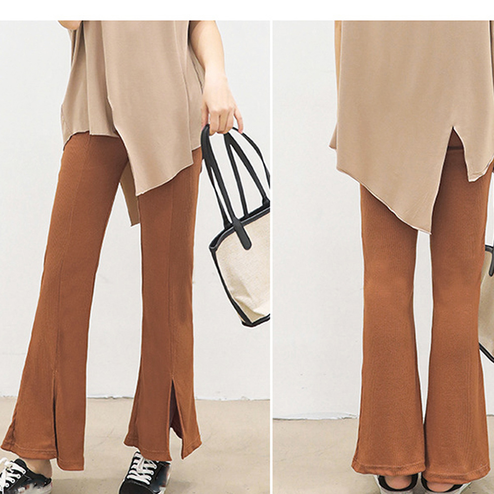 グレー パンツ グレー フレア リブパンツ スリット入り 美脚