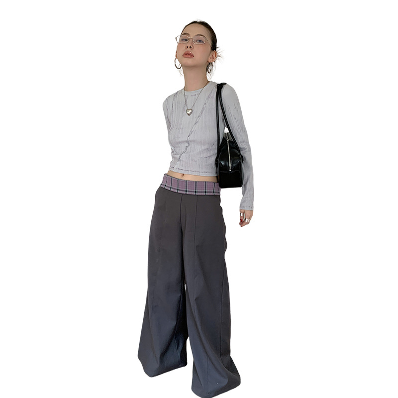 グレー パンツ チェックウエスト フレアワイドパンツ