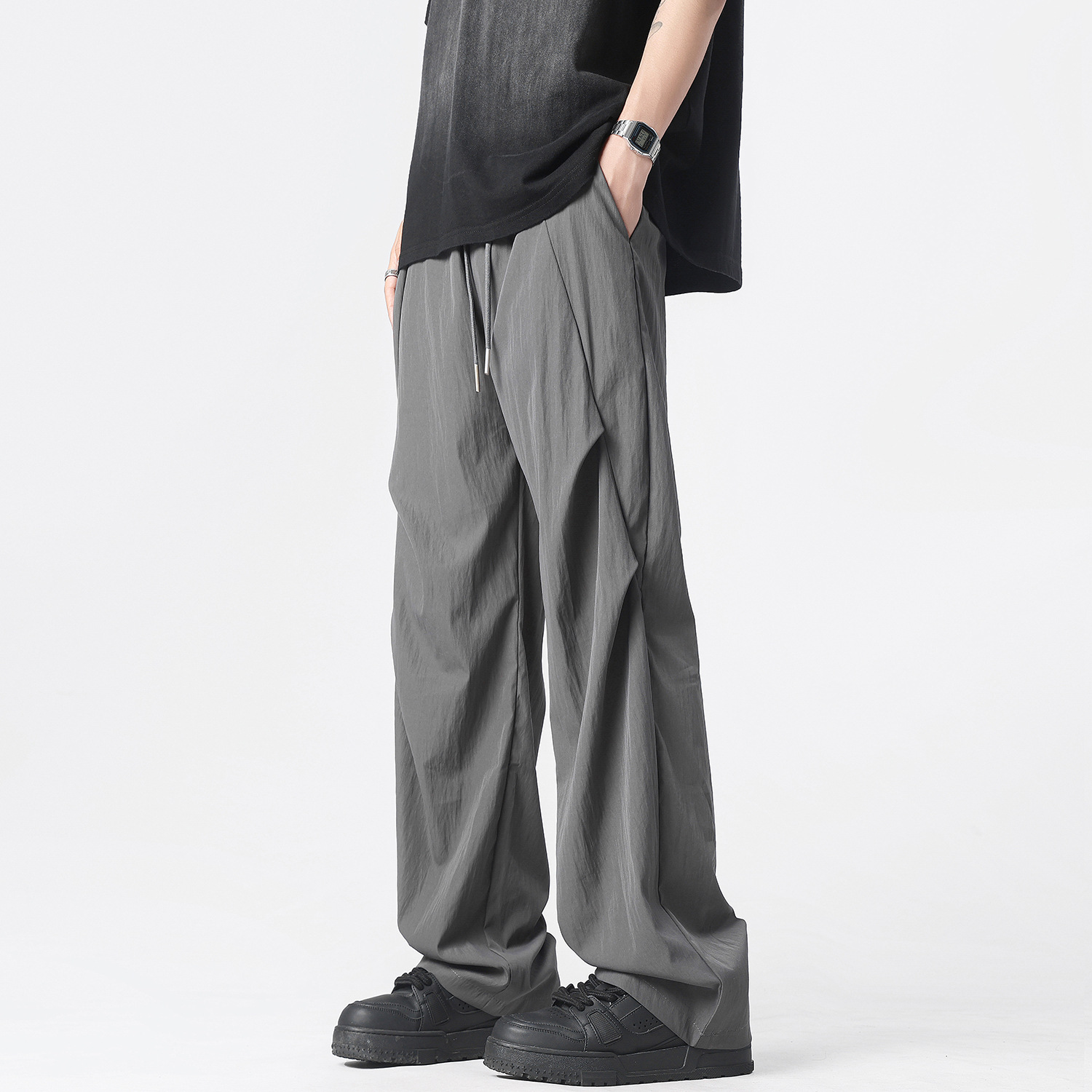 グレー パンツ しなやか風合いドレープワイドパンツ