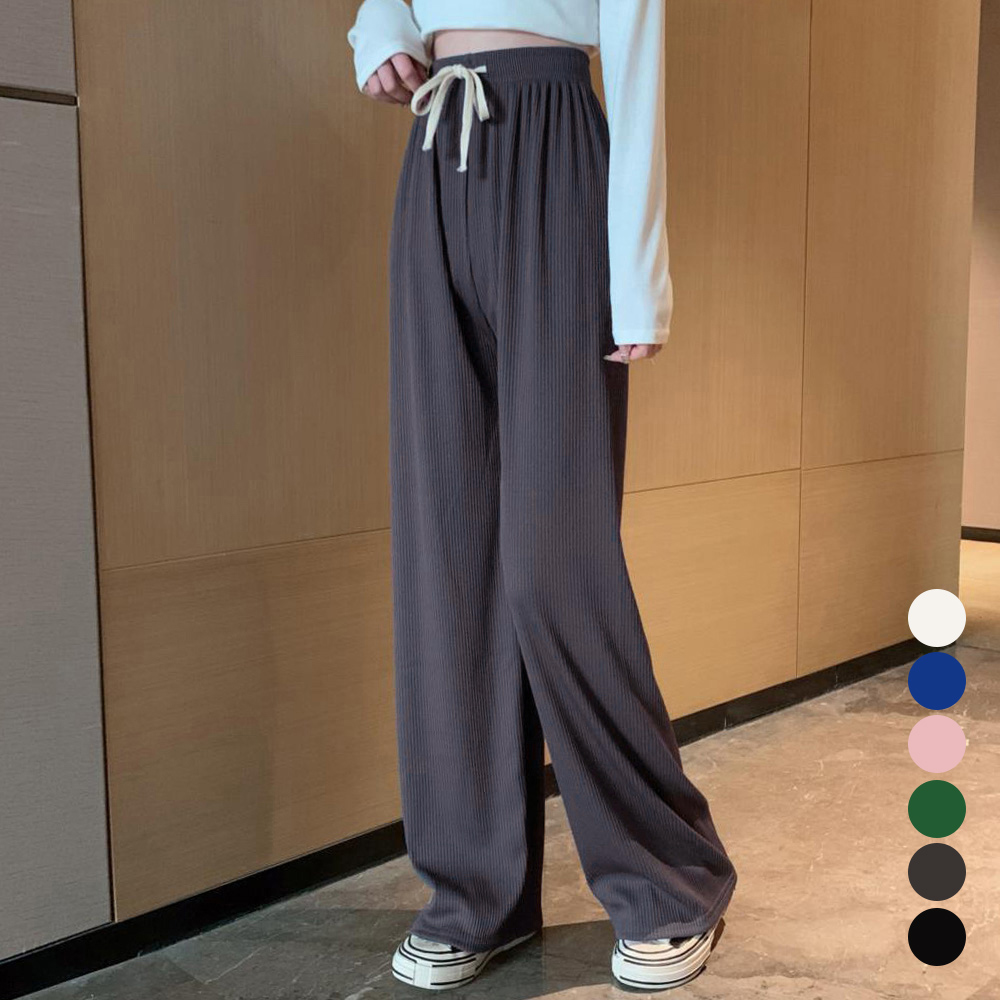 グレー パンツ ドロスト リブワイドパンツ グレー レディース