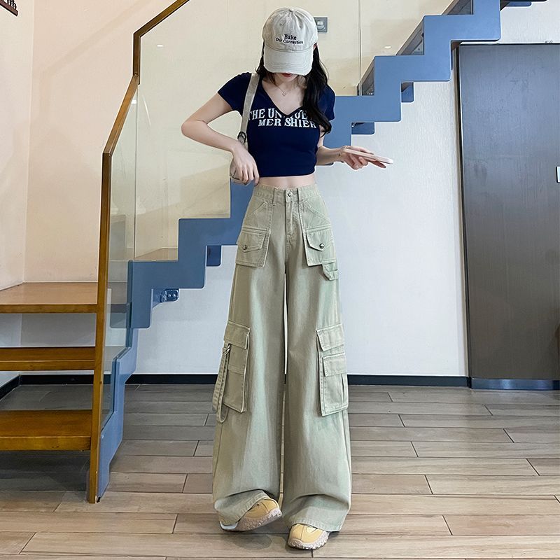 グレー パンツ ワイドシルエット多機能ポケットパンツ