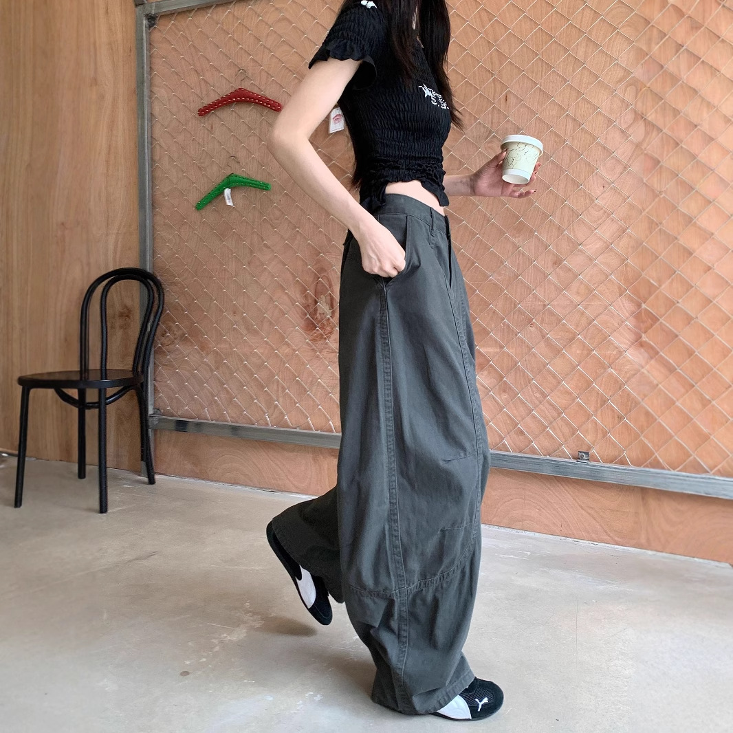 グレー パンツ ゆったりワーク風デザインパンツ