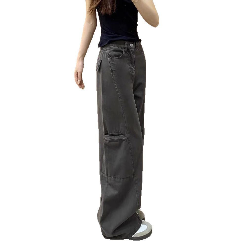 グレー パンツ ワイドシルエット 実用的ポケット付きパンツ