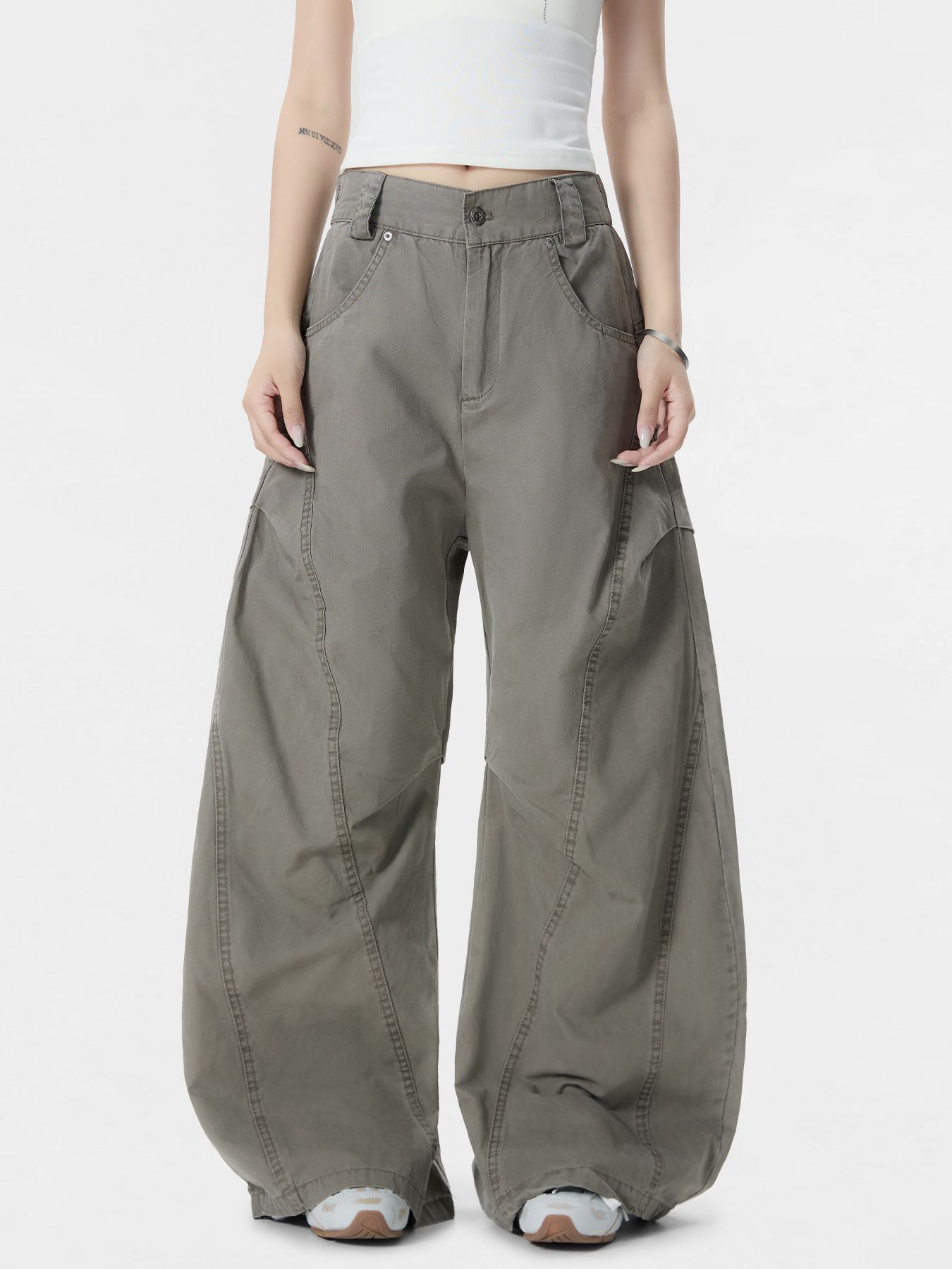 グレー パンツ 男女兼用ワーク風グレーワイドパンツ春夏秋新作