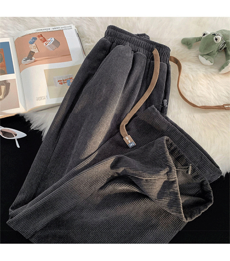 グレーパンツ コーデュロイ素材のゆったりシルエット紐付き ワイドパンツ