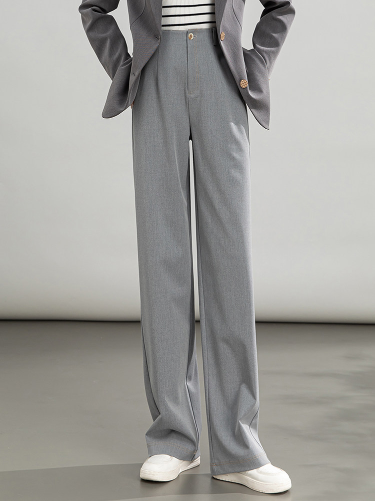 グレー パンツ センタープレス入りワイドシルエットスラックス