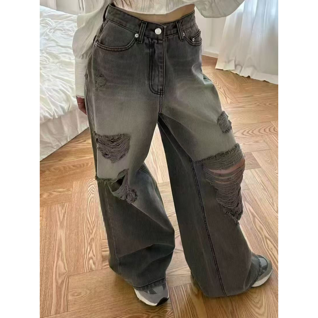 グレー パンツ ダメージ加工ワイドデニム