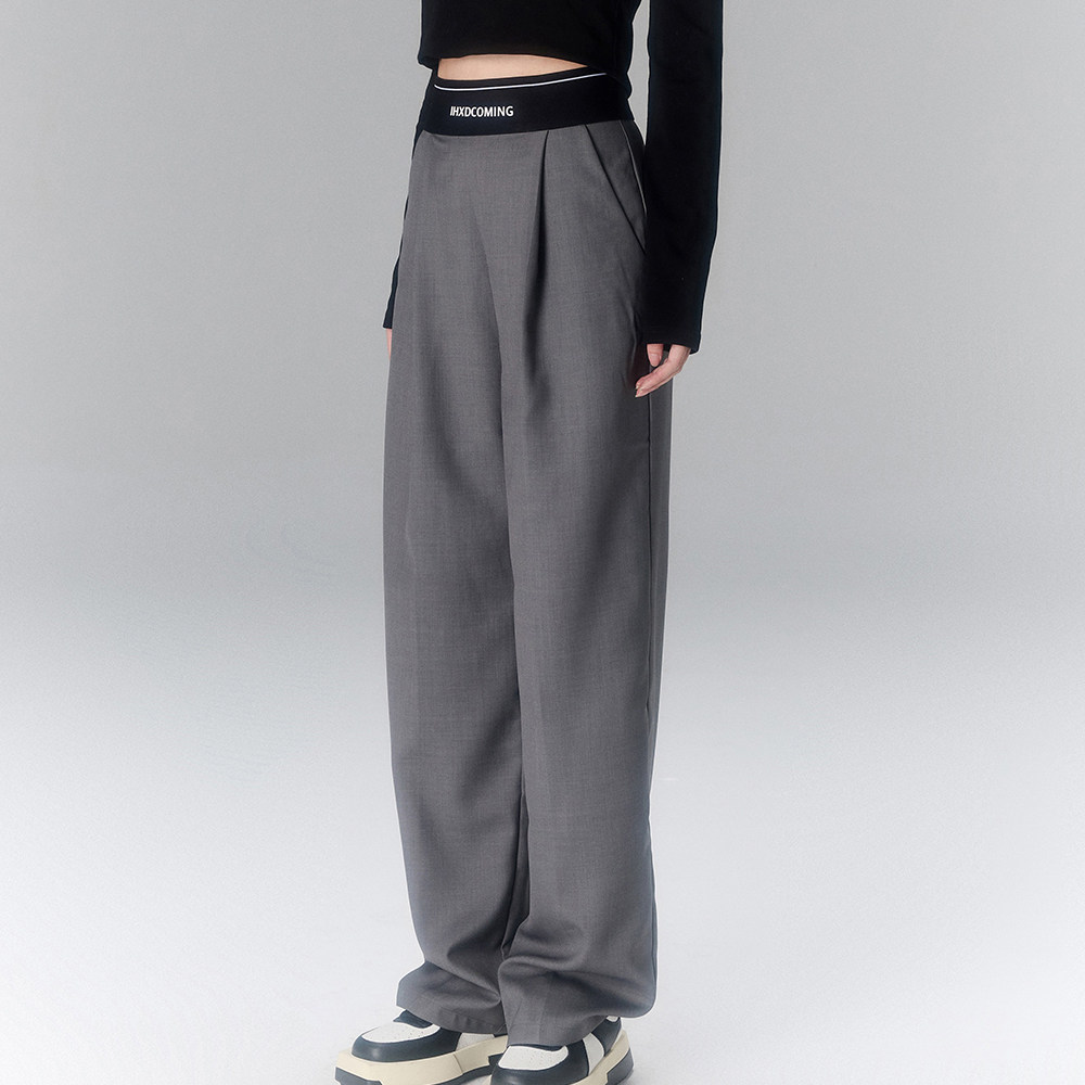 グレー パンツ ハイウエストワイドシルエットタックデザインスラックス