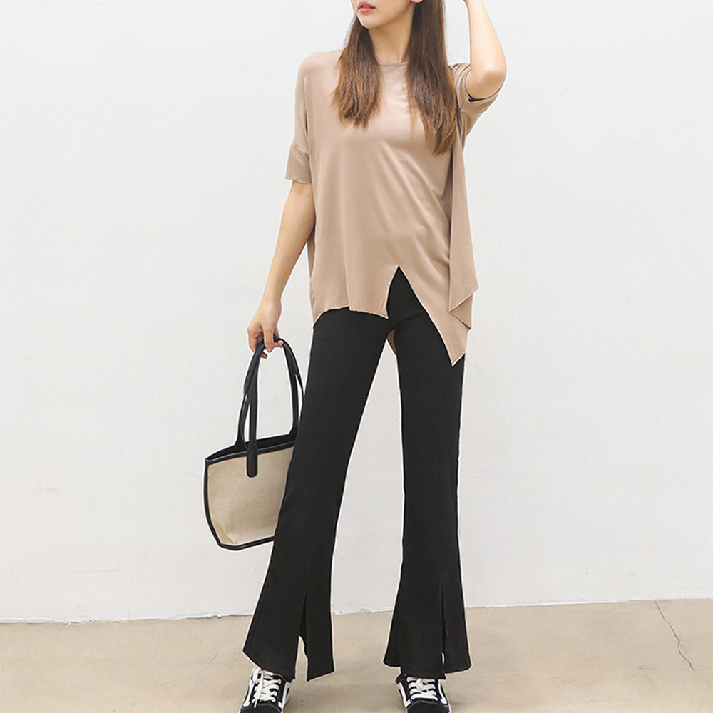 グレー パンツ グレー フレア リブパンツ スリット入り 美脚