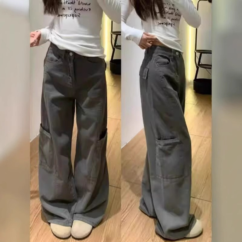 グレー パンツ ワイドシルエット実用ポケットパンツ