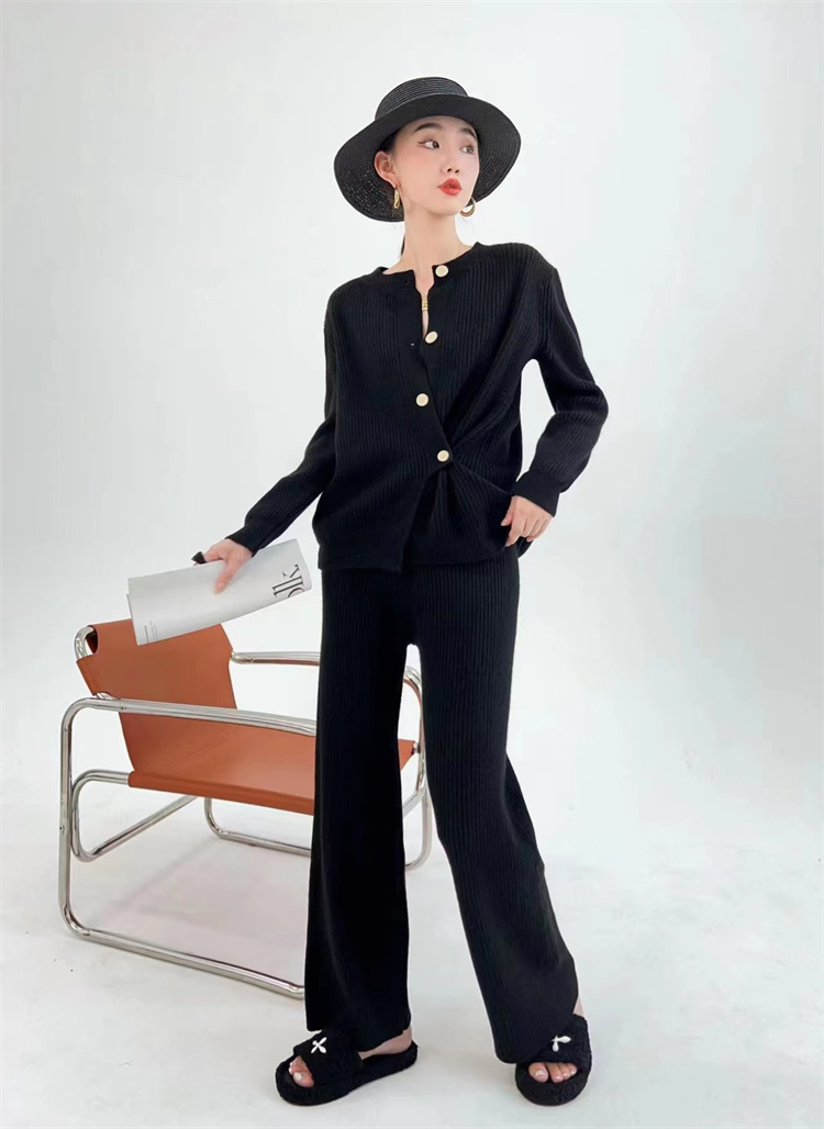 グレー パンツ グレー ニット カーディガン セット ワイド パンツ 柔らか