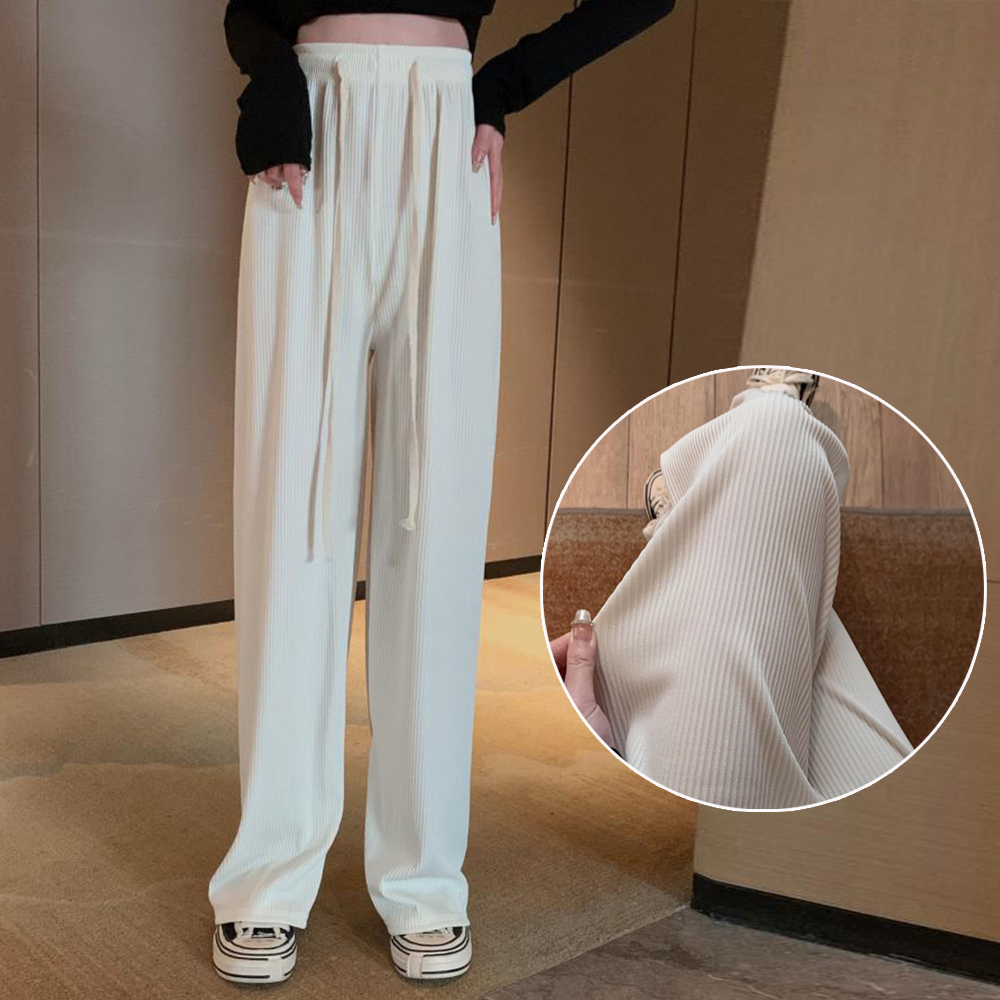 グレー パンツ ドロスト リブワイドパンツ グレー レディース