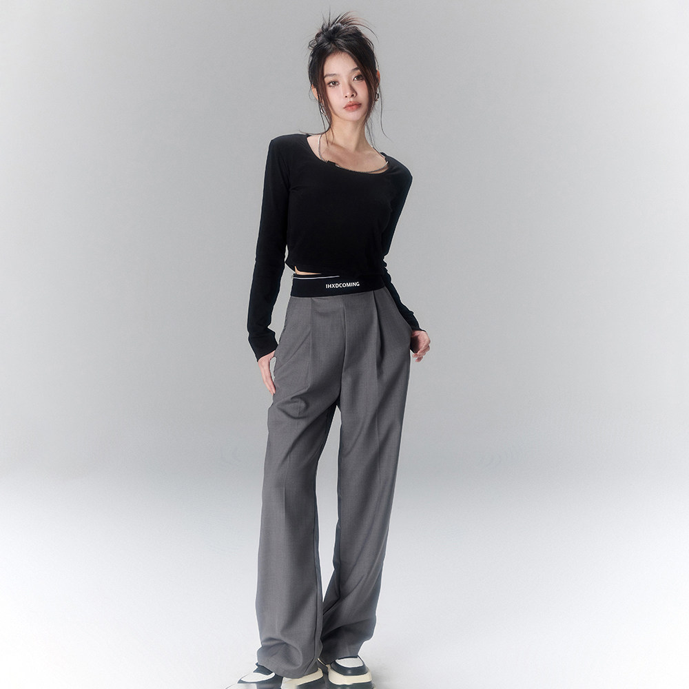 グレー パンツ ハイウエストワイドシルエットタックデザインスラックス