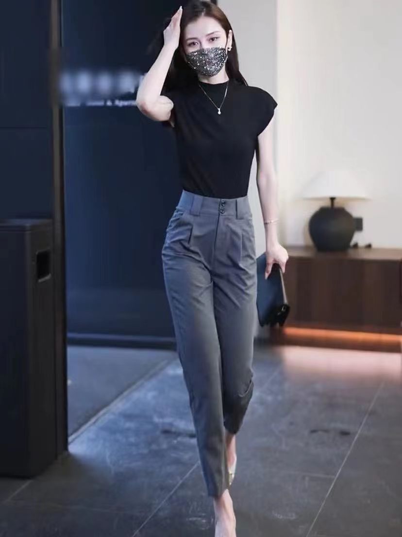 グレー パンツ ハイウエストフォーマルスラックス