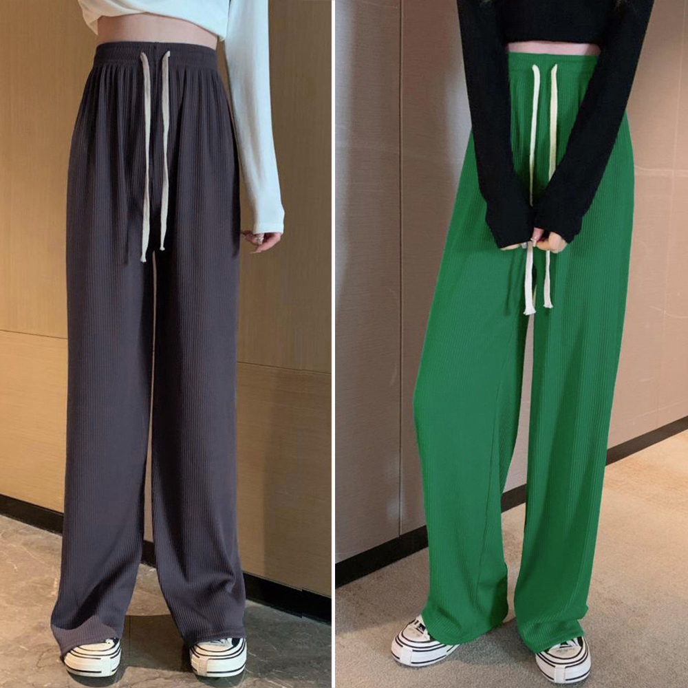 グレー パンツ ドロスト リブワイドパンツ グレー レディース
