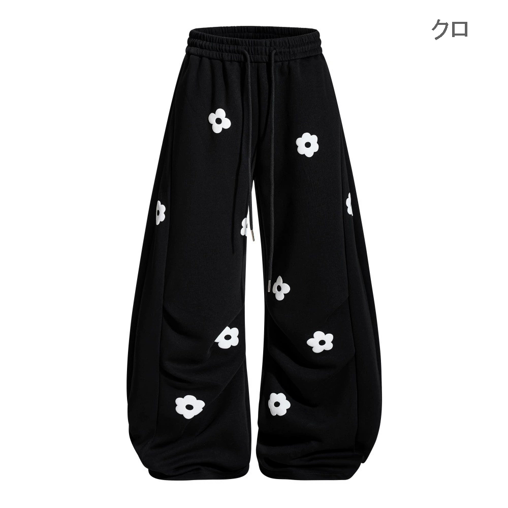 グレー パンツ 花柄グレー スウェット ワイドパンツ 男女兼用 秋冬新作